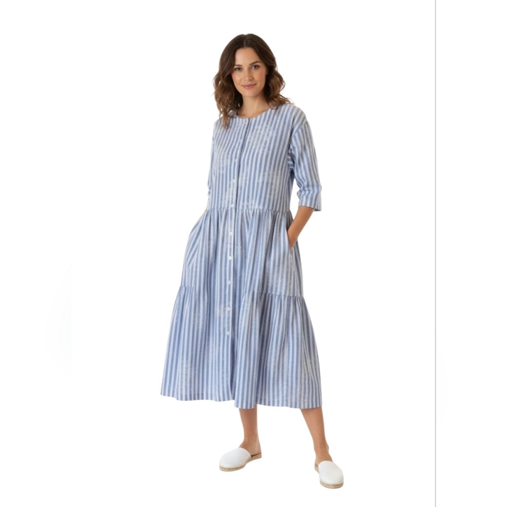 KEYLOUN Vintage Women's Midi Dress Cottage Core Striped Blue White Sz M Bohemian